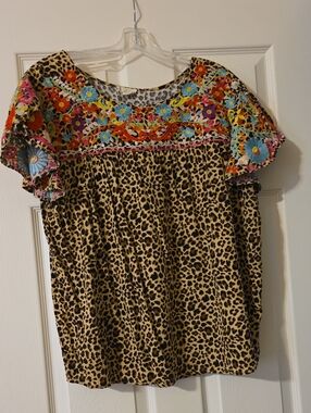 Women’s Leopard Print Top with Multicolor Floral Embroidery